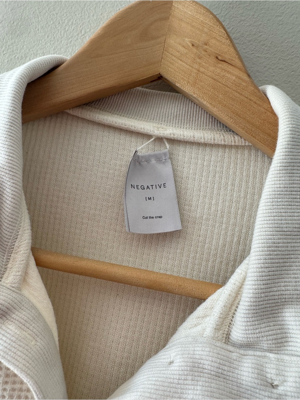 NEGATIVE Waffle Knit Pullover Button Up Collar Cream Medium Cotton Long Sleeve - Picture 2 of 7